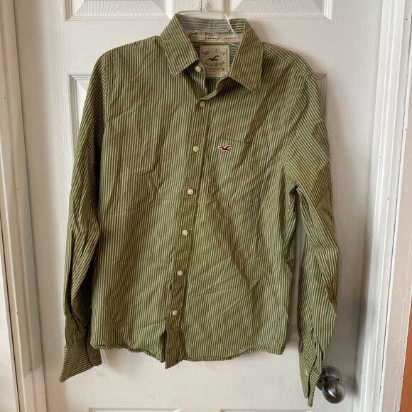 Hollister Men’s Button Down Shirt Size Medium Green Striped Long Sleeve - Picture 1 of 13